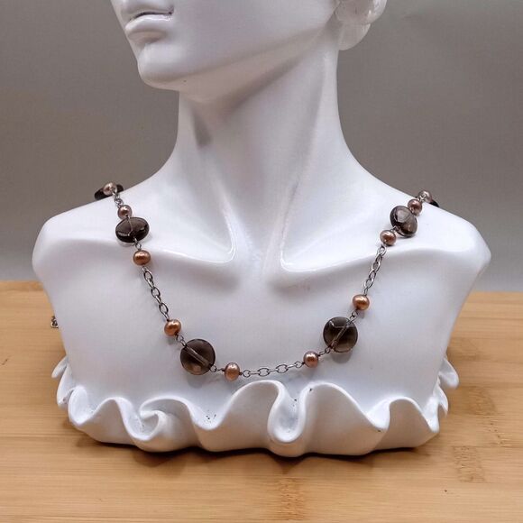 VTG Freshwater Chocolate Copper Pearls Coco Czech Glass Beads 925 Sterling Chain - Picture 1 of 8
